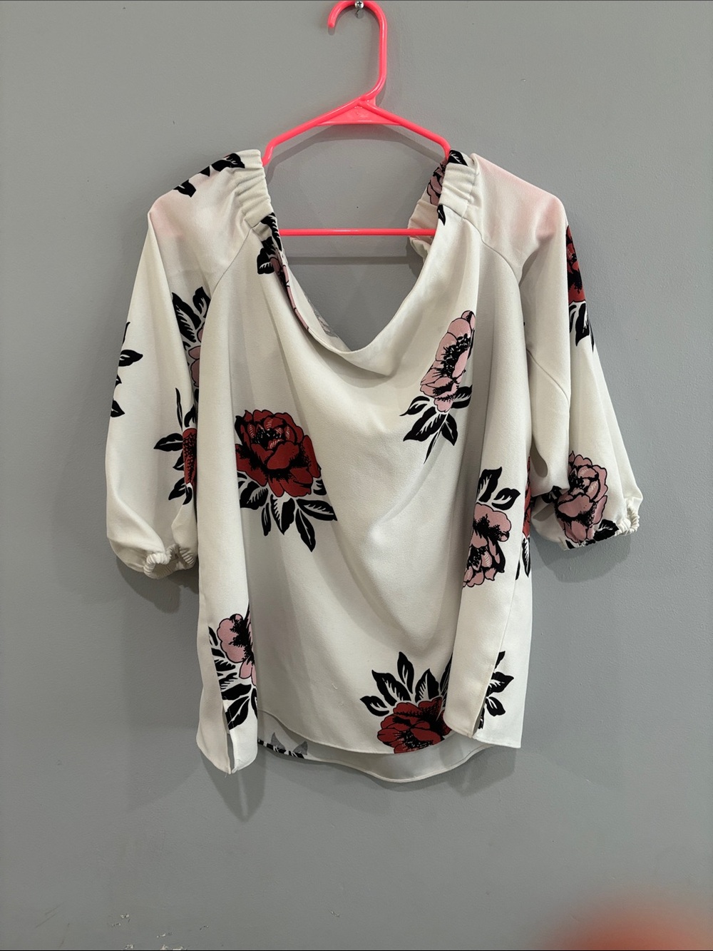 Ann Taylor Factory Ivory Floral Off-Shoulder Top with Red & Pink Blooms